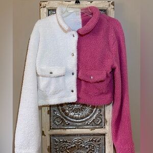 Dolls Kill Lucky In Love Pink And White Sherpa Teddy Jacket